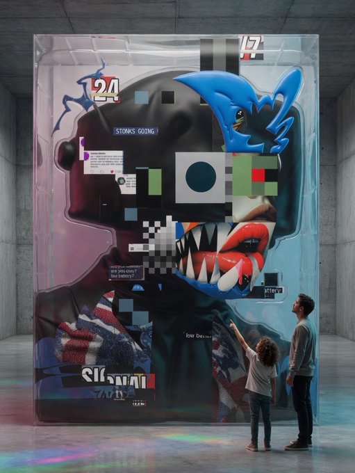Two people stand before a large, abstract artwork encased in clear plastic, featuring a dark hooded figure, a blue monstrous mouth, and the text "STONKS GOING!"