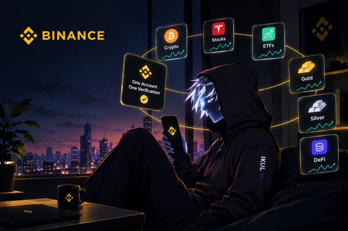 A Binance promotional image showing a hooded figure with glowing accents holding a phone, surrounded by floating icons for Crypto, Stocks, ETFs, Gold, Silver, DeFi, and 'One Account One Verification.'