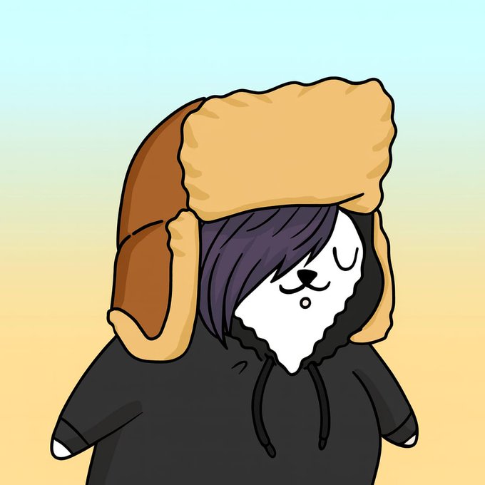 A cartoon illustration of a cute character with purple hair wearing a large brown furry trapper hat and a black hoodie, with closed eyes and a small smile on a gradient pastel background.