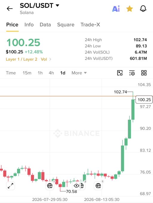 A Binance price chart for SOL/USDT (Solana) showing a price of $100.25, up 12.48%, with 24h high of 102.74 and low of 89.13, displaying a strong upward candlestick movement on the 1d timeframe.