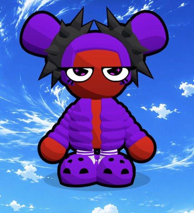 A cartoon illustration of a character with dark skin, wearing a purple hoodie and round ears, set against a blue sky background.