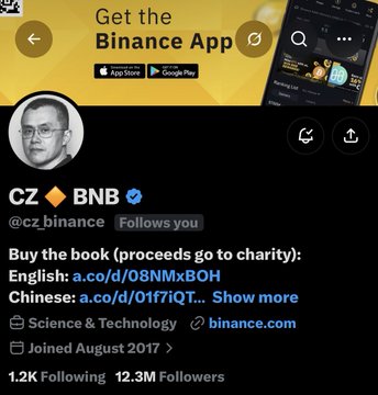 A screenshot of CZ's (Changpeng Zhao) Twitter/X profile showing he is followed by BNB with 12.3M followers, displayed under a Binance App banner. The profile features CZ's verified account (@cz_binance) advertising his book with proceeds going to charity, while the post highlights that BNB and other crypto OGs still follow him on the platform.