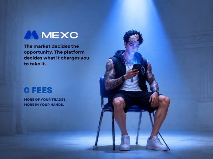 A promotional banner for MEXC exchange featuring a stylized tattooed male character sitting on a chair looking at his phone, with text 'The market decides the opportunity. The platform decides what it charges you to take it' and '0 FEES - MORE OF YOUR TRADES. MORE IN YOUR HANDS.'