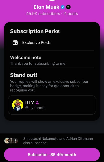 A screenshot of an X (Twitter) subscription page for 'Elon Musk' (@elonmusk) showing 45.9K subscribers, with subscription perks and a subscribe button for $5.49/month.