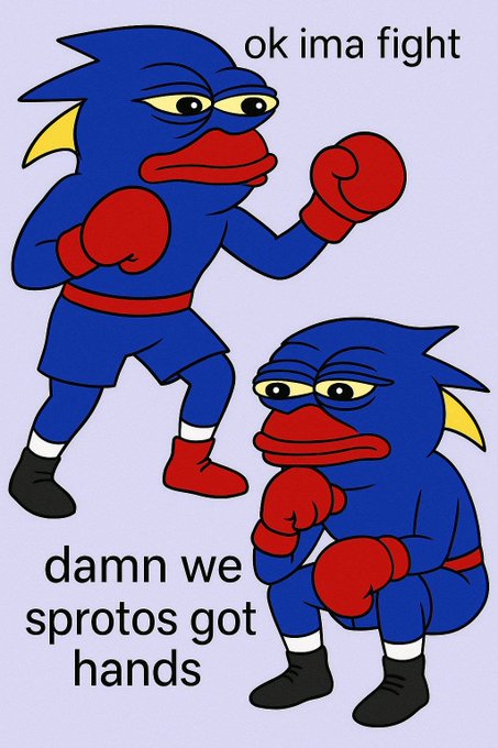 A meme featuring two blue fish-like characters in boxing gear, with text reading 'ok ima fight' above the standing one and 'damn we sprotos got hands' below the crouching one.