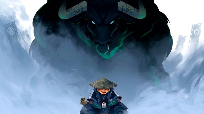 Digital artwork depicting a small character in a straw hat and blue outfit facing a massive, shadowy bull-like creature with glowing green horns and a nose ring, set against a foggy background with banners.