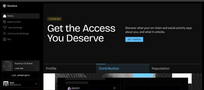 A screenshot of the 'Nucleus' platform website with a navigation menu on the left and a headline reading 'Get the Access You Deserve.'