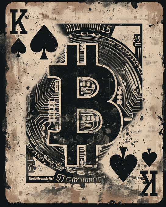 A King of Spades playing card design featuring a large Bitcoin logo in the center, signed 'TheBitcoinArtist'.