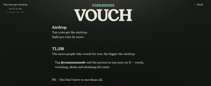 The image displays a webpage for "commons" with a large "VOUCH" heading, announcing an airdrop for the top 1,000 participants split pro rata by score, with a countdown timer showing 28 days, 21 hours, 56 minutes remaining as of the screenshot. The text explains that vouching (@commonsmode) or being vouched/slashed on X posts counts toward eligibility, tying directly to the post's discussion of the SocialFi project Commons resembling Friend.tech and Tip Coin, where top-ranked users like KOLs can claim airdrops.