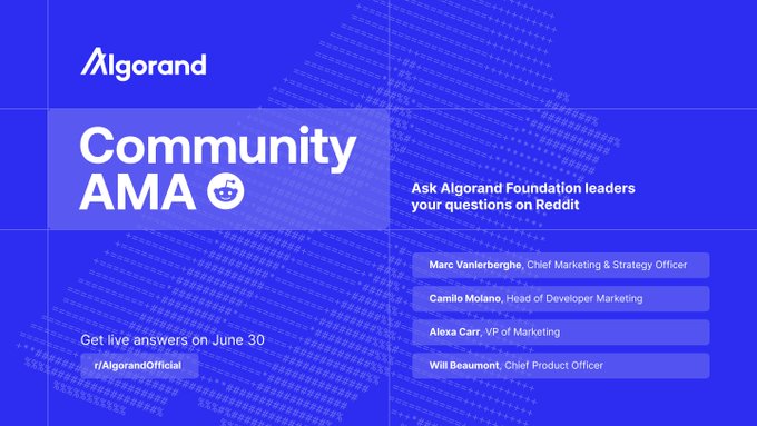 A blue promotional graphic for an Algorand Community AMA on Reddit, featuring the Algorand logo and listing participants Marc Vanlerberghe, Camilo Molano, Alexa Carr, and Will Beaumont, with the date "June 30" and subreddit "r/AlgorandOfficial" — matching the post's announcement of an upcoming AMA where community members can submit questions for the Algorand Foundation leaders.
