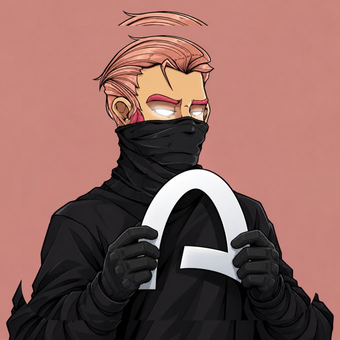 A digital illustration depicts a character with pinkish-red hair and glowing white eyes, wearing a black face mask and black clothing, holding a white omega (Ω) symbol.