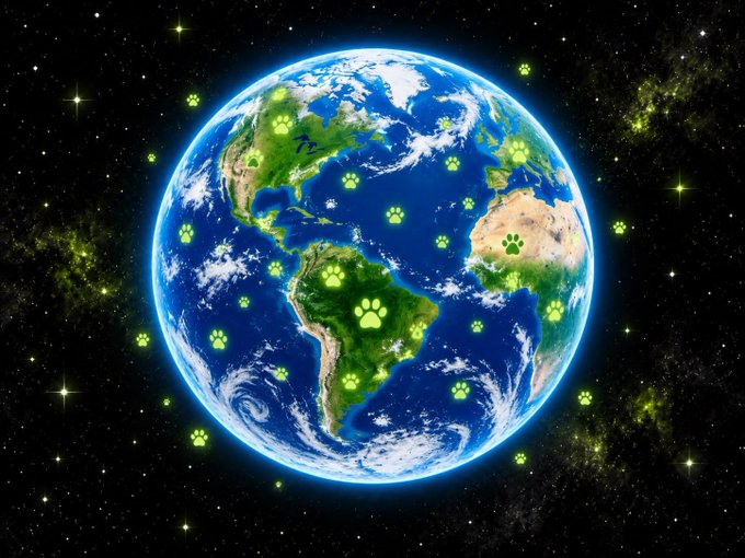 A digital illustration of Earth viewed from space, surrounded by a starry background and decorated with multiple glowing green paw prints scattered across the globe.