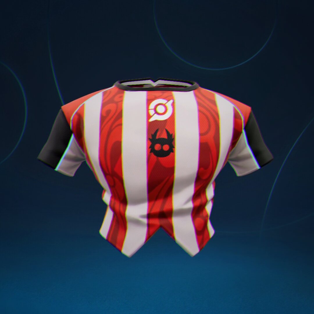 The image features a red and white striped shirt with a skull design on the chest area. The shirt appears to be a soccer jersey, as indicated by the reference to "Soccer's biggest event" and "Otherside style". The shirt is displayed against a blue background, which further emphasizes its vibrant colors and unique design. The post also mentions that everyone can claim a free Otherside kit for their Voyager, suggesting that this could be an advertisement or promotion related to soccer merchandise.