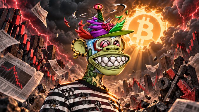A chaotic digital illustration of a grinning, zombie-like character wearing a colorful party hat and a striped shirt, set against a backdrop of falling stock charts, a glowing Bitcoin symbol, and a destroyed cityscape.