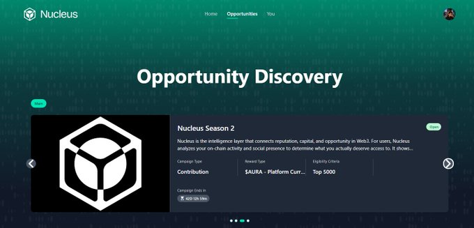 A website screenshot of Nucleus showing an 'Opportunity Discovery' page featuring 'Nucleus Season 2' as a Contribution campaign type on the AURA - Platform Curr... reward track with a Top 5000 eligibility criteria.