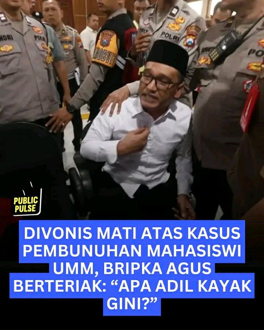 A man in a white shirt and black peci is shown distressed while being escorted by police officers in uniform; text reads 'PUBLIC PULSE' and 'DIVONIS MATI ATAS KASUS PEMBUNUHAN MAHASISWI UMM, BRIPKA AGUS BERTERIAK: "APA ADIL KAYAK GINI?"'