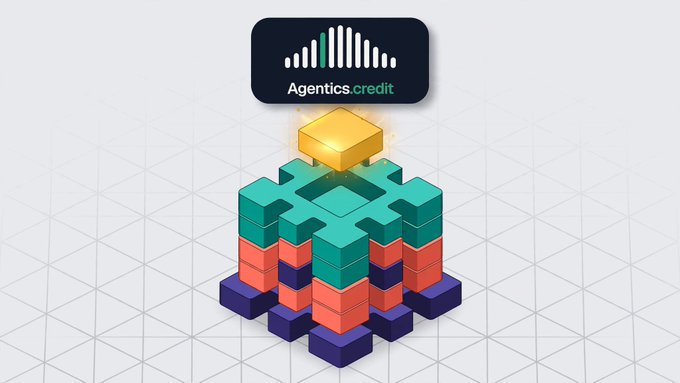 An isometric 3D illustration showing stacked colorful cubes topped with a gold block, with a logo above reading 'Agentics credit'.