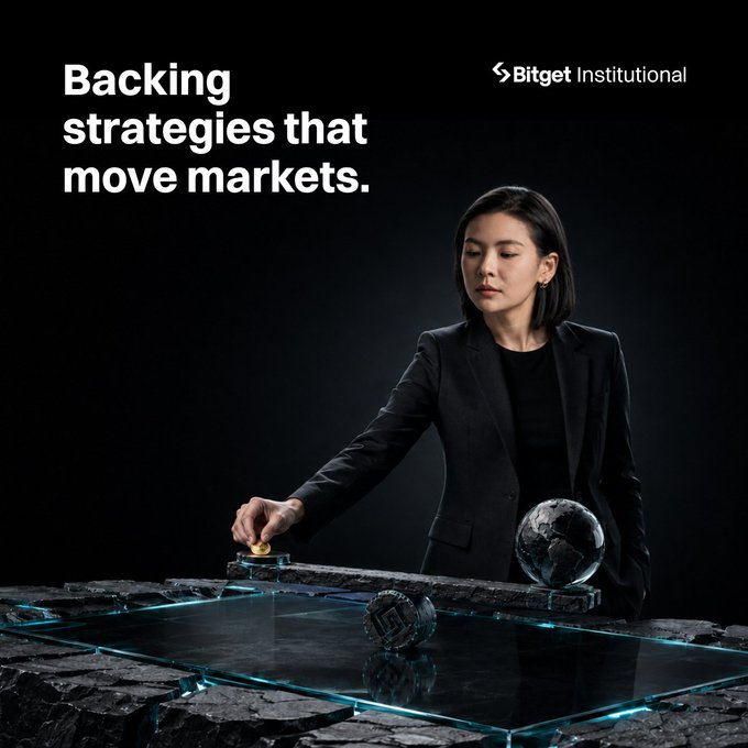 A promotional advertisement for Bitget Institutional shows a woman in a black suit placing a coin on a reflective surface with the text "Backing strategies that move markets."
