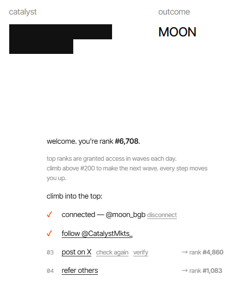 A screenshot of a Catalyst outcome page for MOON showing the user is ranked #6,708, with checklist items including connecting to @moon_bgb, following @CatalystMkts_, and posting on X to climb ranks.
