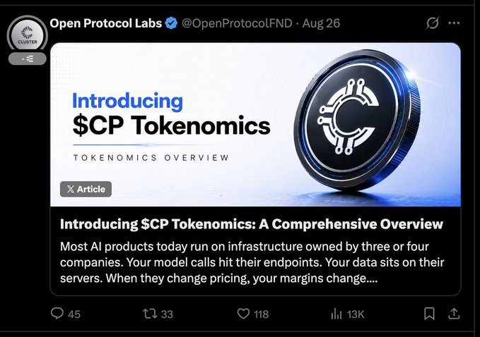 A screenshot of a tweet from Open Protocol Labs (@OpenProtocolFND) dated Aug 26 announcing "$CP Tokenomics: A Comprehensive Overview," with the accompanying post criticizing Cluster Protocol for allegedly suspending accounts and dodging a promised 0.6% token distribution ahead of TGE. The tweet has 13K views, 118 likes, 33 retweets, and 45 replies.