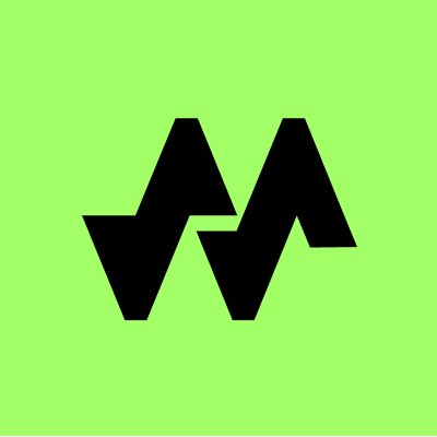 A minimalist graphic design features a black, stylized, geometric logo resembling the letters "M" and "A" against a bright lime green background.