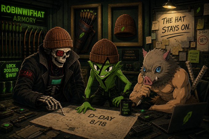 A stylized illustration titled "ROBINWIFHAT ARMURY" featuring a skeleton in a beanie, a green goblin-like character, and a boar-headed figure planning "D-DAY 8/18" for a "200,000 $WIF" lockup.