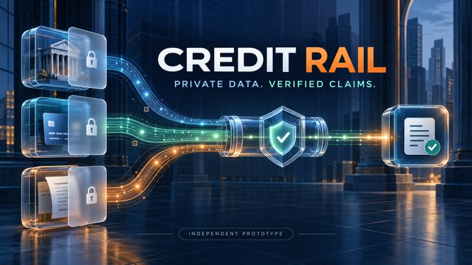A promotional graphic titled 'CREDIT RAIL' with the tagline 'PRIVATE DATA. VERIFIED CLAIMS.' featuring digital data flow graphics and lock icons.
