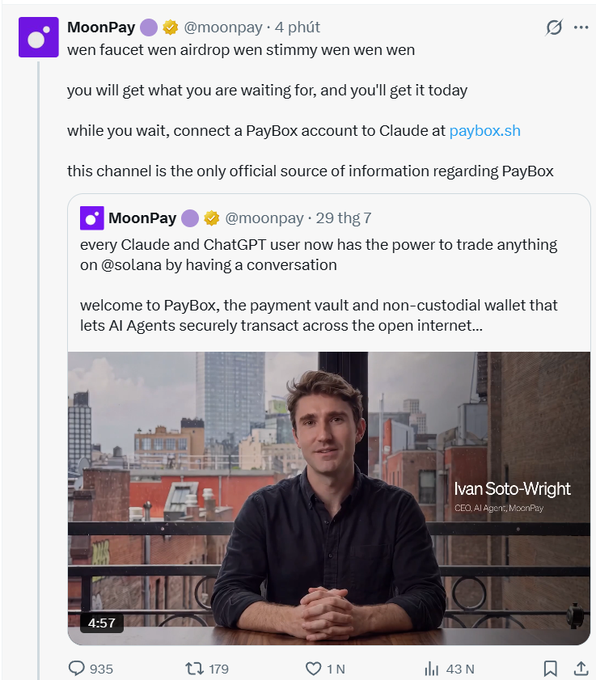 A tweet from @moonpay stating 'wen faucet wen airdrop wen stimmy wen wen wen' and mentioning PayBox at paybox.sh, quoting a previous tweet about Claude and ChatGPT users trading on Solana, with a video thumbnail of Ivan Soto-Wright, CEO at MoonPay.
