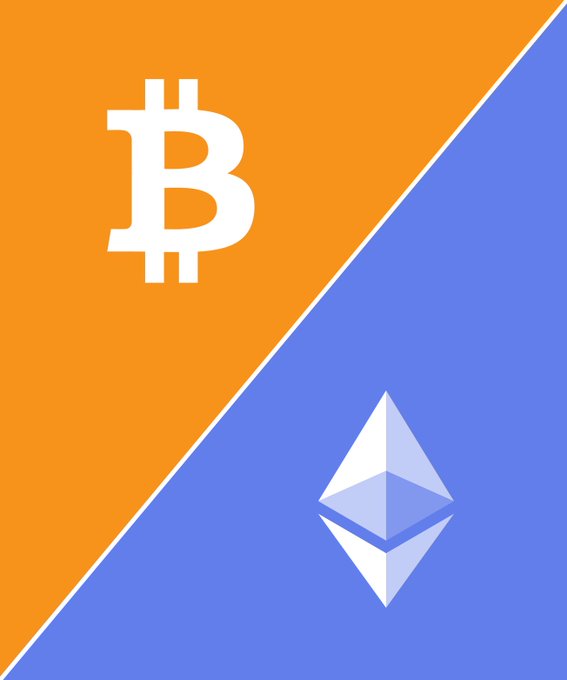 A split image featuring the Bitcoin (BTC) logo on an orange background and the Ethereum (ETH) logo on a blue background, visually representing the two cryptocurrencies mentioned in the post about declining BTC ETF trading volumes and ETH leading inflows.