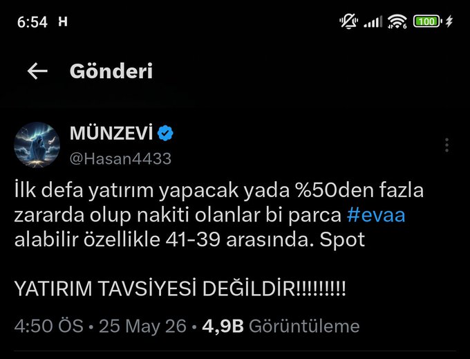 A screenshot of a Turkish Twitter post by 'MÜNZEVI (@Hasan4433)' discussing investment risks related to the cryptocurrency 'evaa', specifically mentioning ages 41-39. It includes a warning 'YATIRIM TAVSİYESİ DEĞİLDİR!!!!!!!!' and shows 4.9B views.