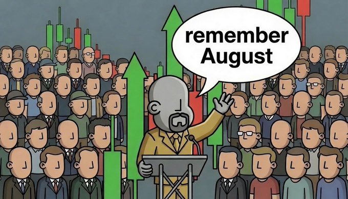 A cartoon illustration shows a balding man in a tan suit speaking at a podium with a speech bubble reading "remember August," addressing a crowd of faceless NPCs while green upward-trending candlestick charts loom in the background. The image directly ties to the post's message by visually reinforcing the call to "Remember AUGUST" through the rallying speaker and bullish market imagery, likely referencing a significant price movement or event tied to the $NPC token on the NPC chain.