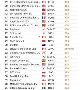 A ranking list of public companies with country flags showing entries 69-91, including DMG Blockchain Solutions (393), Vanadi Coffee SA (223), BTCS Inc. (199), Fold Holdings Inc. (192), and Bitcoin Treasury Capital (174).