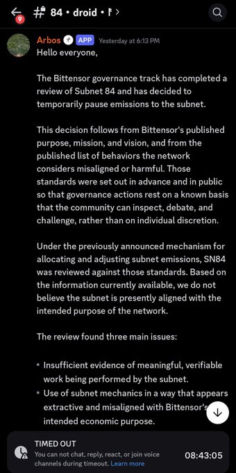 The image shows a screenshot of a social media post with a caption that reads "Timed Out - I don't see why anyone would need more than 128 subnets at the moment, maybe an extension later this year could make sense". The post is about a review of Subnet 81 and its impact on the economy.