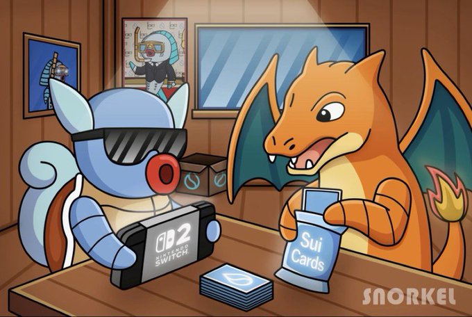 A cartoon illustration features a Charizard Pokémon and a Squirtle holding a Nintendo Switch 2 (labeled 'SWITCH 2') while trading 'Sui Cards' at a counter.