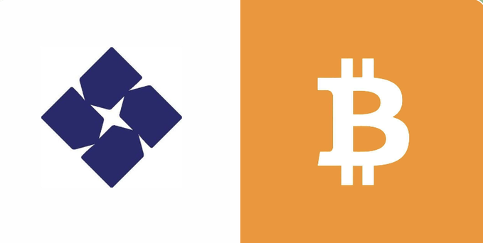 The image displays the StarkWare logo in dark navy blue alongside the orange Bitcoin "₿" symbol, visually representing the two entities behind the milestone. This composition directly relates to the announcement of StarkWare completing the first quantum-safe Bitcoin mainnet transaction.