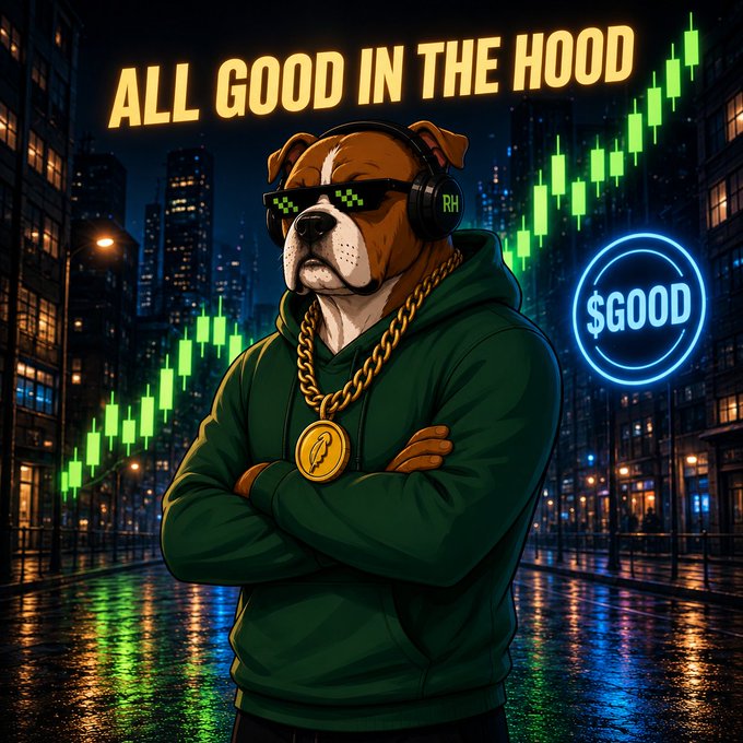 A stylized digital artwork of a bulldog wearing sunglasses, headphones, a green hoodie, and gold chains, with 'ALL GOOD IN THE HOOD' text and a neon '$GOOD' sign against a nighttime cityscape with green stock chart bars.