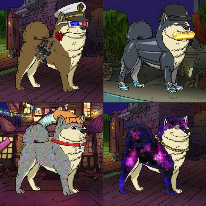 A 2x2 grid of illustrated Shiba Inu dogs in various costumes: a naval captain, a cap-wearing dog with sneakers, a beanie-wearing dog with a bone tag, and a galaxy-patterned dog with a gold chain.