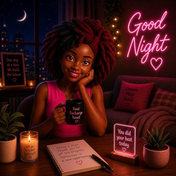 urns of pink and white flowers, a black mug with "rest recharge" written on it, and a notebook with a pen and paper are present on a wooden table at night.