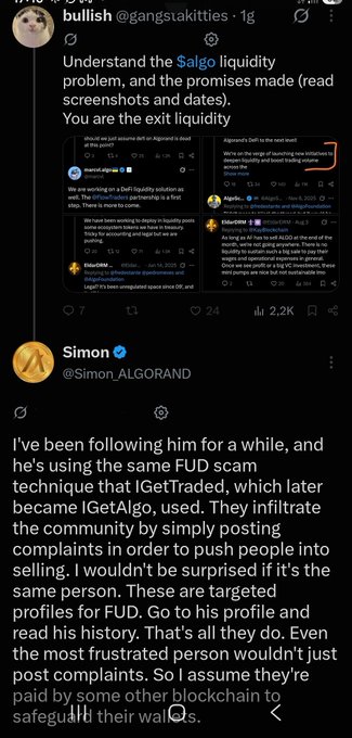 A Twitter/X post by 'bullish' discusses the 'Salgo liquidity problem' with screenshots, followed by Simon (@Simon_ALGORAND) commenting on a FUD scam technique used to push people into selling.