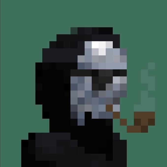 Pixel art of a Grim Reaper character with a black hooded cloak and a scythe smoking a cigar, set against a solid green background.