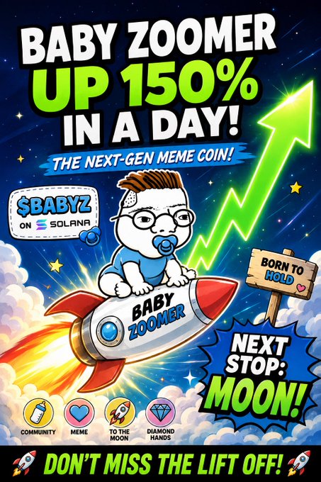 A highly stylized promotional graphic for a cryptocurrency meme coin called '$BABYZ' on Solana, featuring a baby riding a rocket with bold text 'BABY ZOOMER UP 150% IN A DAY!' and 'NEXT STOP: MOON!'.