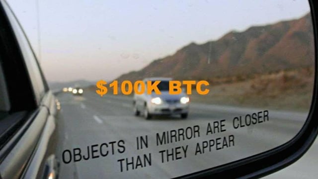 A view through a car's side mirror shows a highway at dusk, overlaid with the text "$100K BTC" and the standard mirror warning "OBJECTS IN MIRROR ARE CLOSER THAN THEY APPEAR."