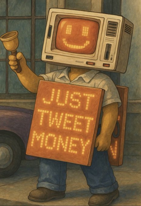 An illustrated character with a vintage TV for a head holds a sign reading "JUST TWET MONEY."