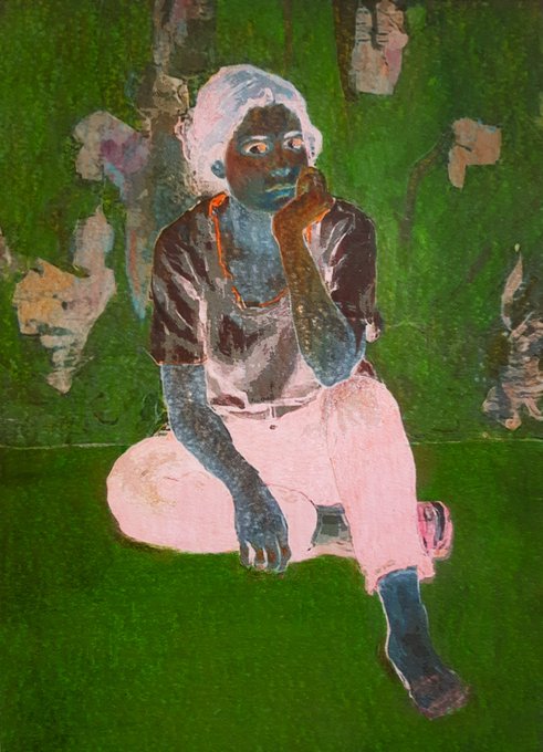 The image features a painting of a woman sitting cross-legged with her hands resting on her lap, wearing pink pants and a black shirt. The background includes green grass and flowers, creating an impressionistic style that emphasizes the colors and shapes over details. The artist's signature is visible in the bottom right corner of the painting.