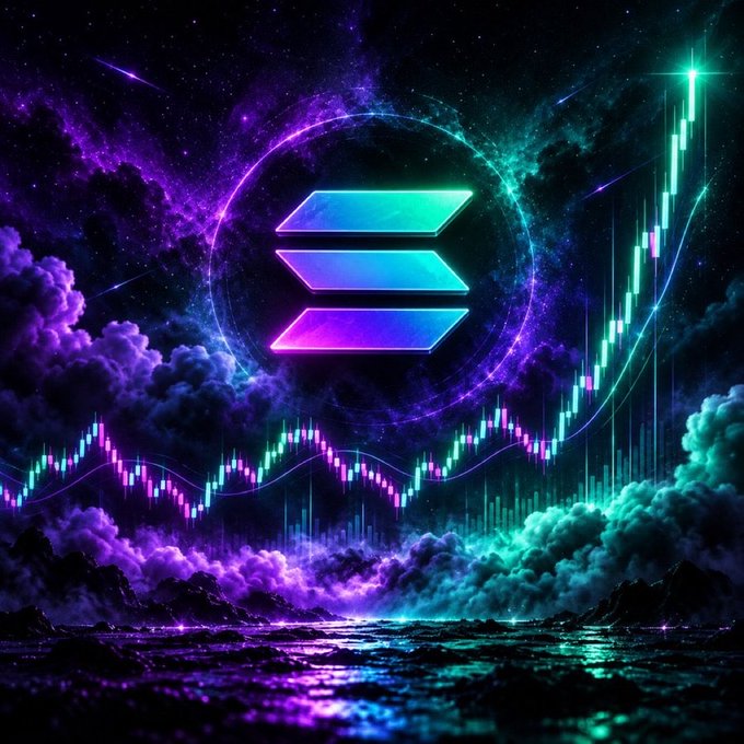 A glowing Solana (SOL) logo set against a cosmic backdrop of purple and teal nebulae, with vibrant candlestick charts trending upward alongside it. The image visually reinforces the bullish sentiment of the post asking for the top SOL pick, framing the cryptocurrency as a stellar, high-momentum opportunity.