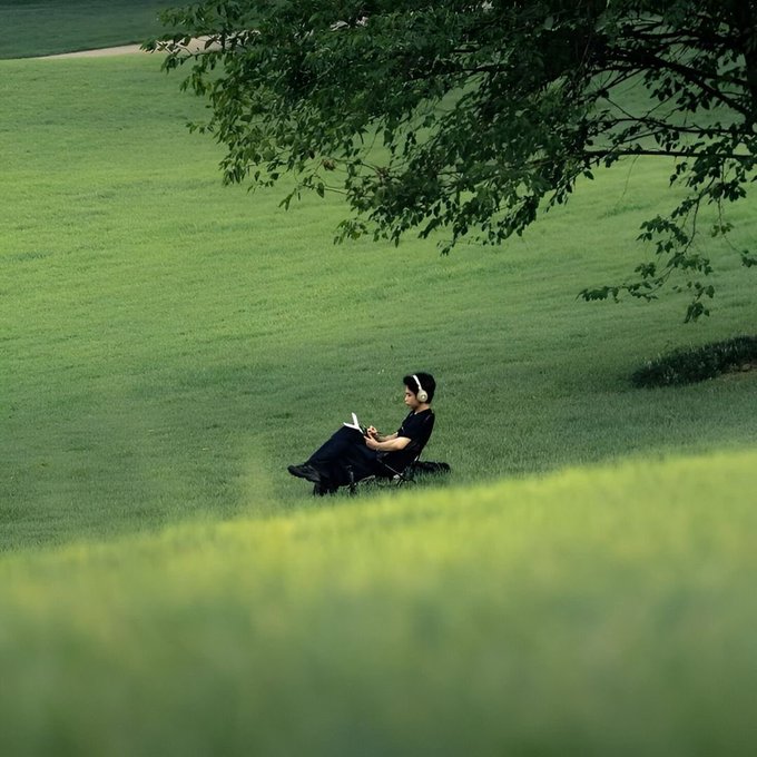 A woman wearing a headset and dark clothing sits reading a book in a grassy field, framed by a tree branch above and lush green grass below.