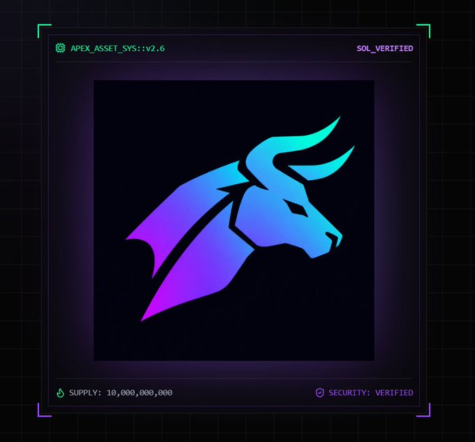 A stylized blue and purple bull logo graphic displayed within a futuristic "APEX_ASSET_SYS::v2.6" frame, labeled "SOL_VERIFIED" with a supply of 10,000,000,000 tokens, promoting the "$BULLRUN" presale giveaway on Solana.