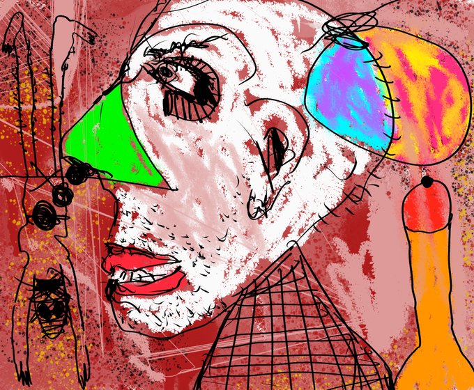 A vibrant, abstract pop-art style portrait of a face with a green triangle over the nose and a multicolored circle covering one eye.