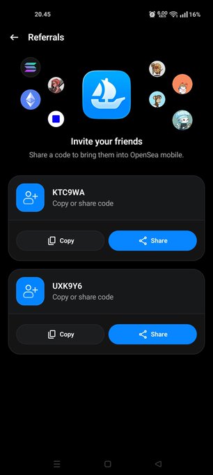 A mobile app screenshot of the OpenSea 'Referrals' page, showing an 'Invite your friends' prompt with two referral codes (KTC9WA and UXK9Y6), each with Copy and Share buttons.