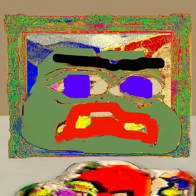 A distorted, glitch-style digital artwork depicting a green Pepe the Frog-like face with purple square sunglasses, a black mustache, and a red mouth, set against a chaotic multicolored background.